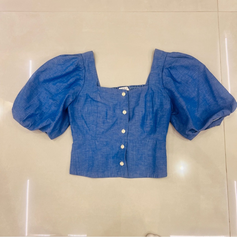 Sandro Mayan cropped shirred chambray top - Picture 5 of 10
